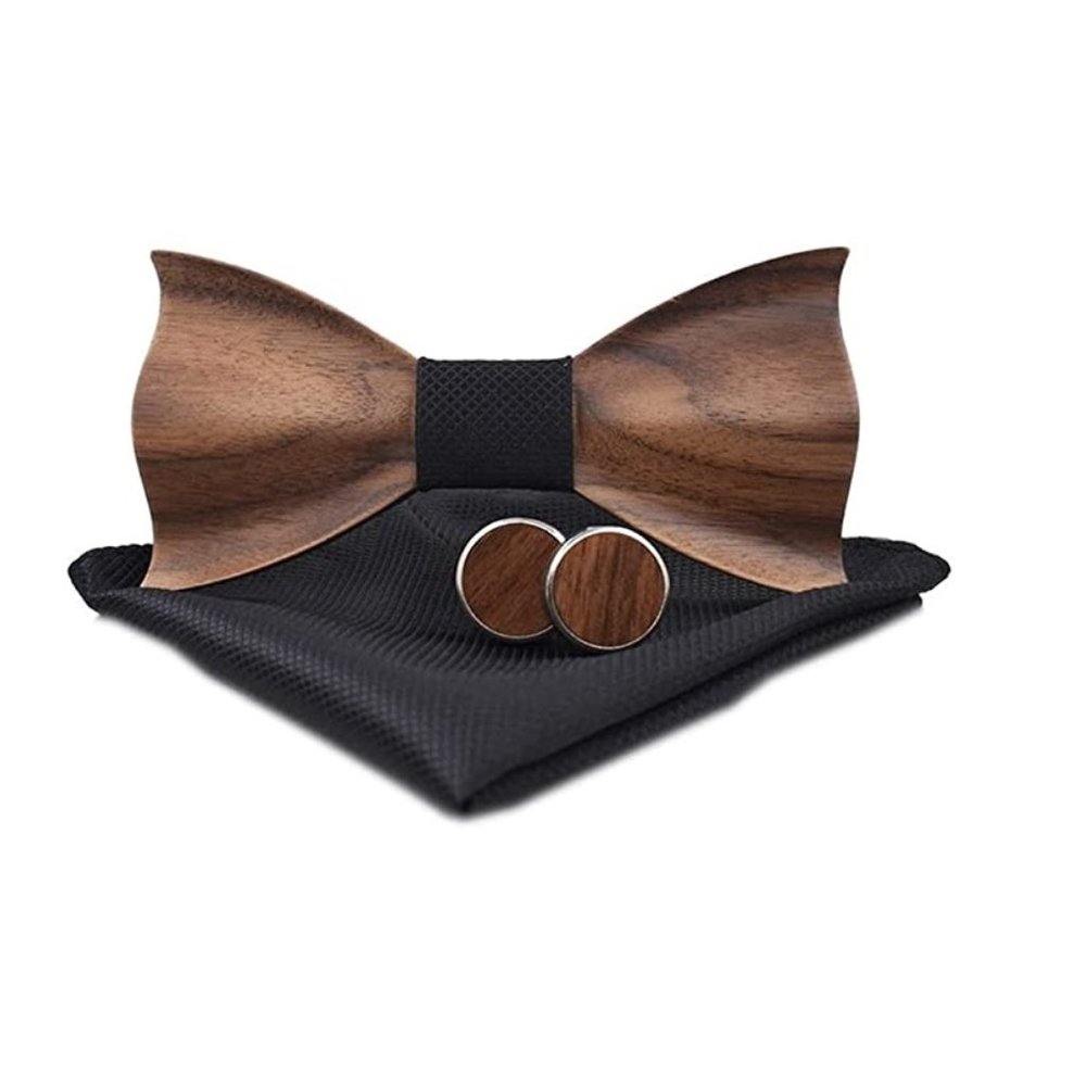 Wooden Bow Tie 3 pc Set for Men with Cufflink Pocket Square Wavy Style Black - Picture 2 of 2